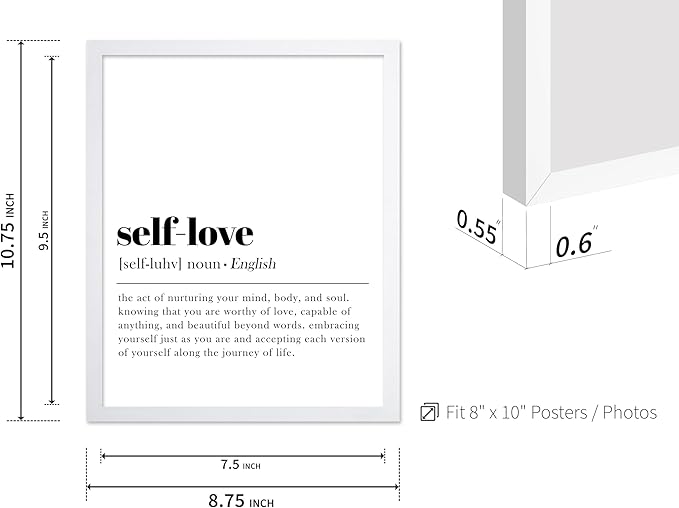 Poster Master Typography Poster - Dictionary Print - Self Love Definition, Nurturing your Mind and Soul, Worthy, Motivational - Gift for Family, Friend - Wall Decor for Home, 8x10 White Framed