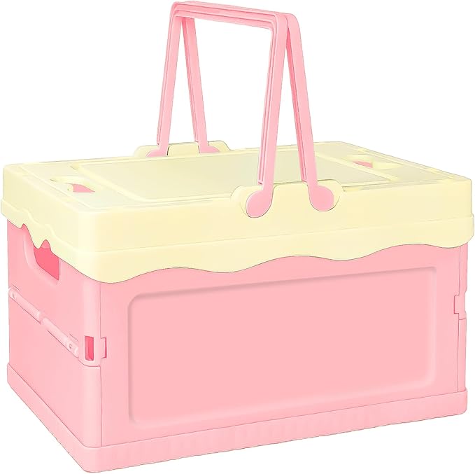 Tobeso-Nuoze Pastel Plastic Storage Bin with Lid Small Cute Foldable Pastel Crates Plastic Basket Colorful Storage Containers Baskets for Classroom Kitchen Office Bedroom Desktop Home Decor (Pink)