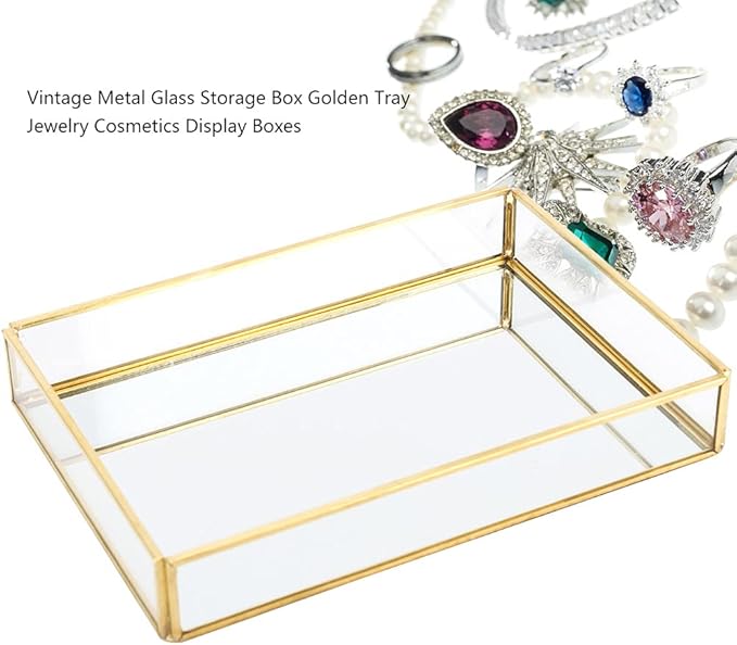 Gold Perfume Tray, Rectangle Decorative Glass Mirror Vanity Tray Jewelry Photo Display Organizer for Trinket Cosmetics Makeup Bathroom Bedroom Home Table Decorative (S)