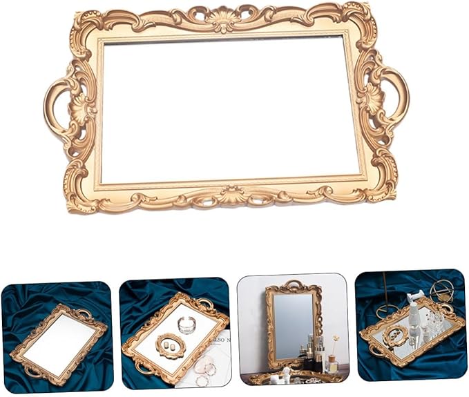 European Mirror Plate Cosmetic Storage Tray Golden Rectangular Retro Mirror Makeup Organizer Perfume Display Tray for Home Décor and Photography Props