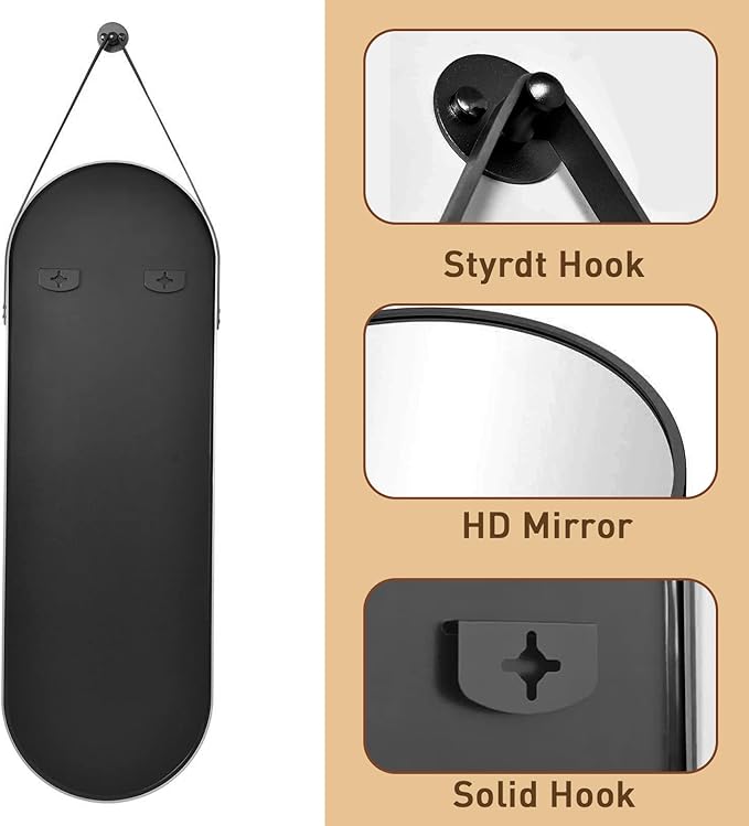 Full Length Mirror, Oval Wall Mounted Mirror, 48"x16" Door Mirrors Full Length with Hanging Leather Strap with Aluminum Frame for Bathroom Living Room Entryway (Black)