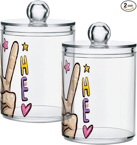 2 Pack Apothecary Jars Peace Love Yard Bathroom Vanity Storage Organizer Set,Small Clear Plastic Storage Jars Bathroom Canister for Cotton Swabs, Rounds, Balls, Qtips,Makeup Sponges, Flossers,B