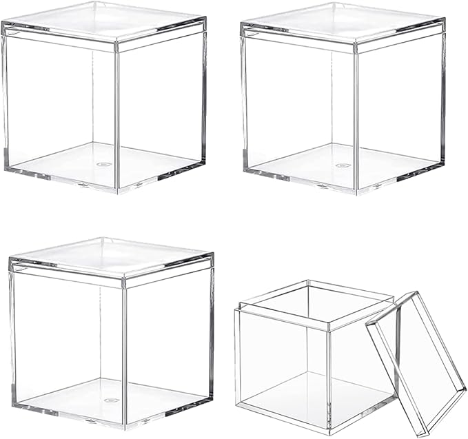 KissYou Small Clear Acrylic Box, 4 Pack Plastic Square Cube Acrylic Storage Box for Graduation Wedding Birthday Party Candy Boxes Jewelry Storage Box