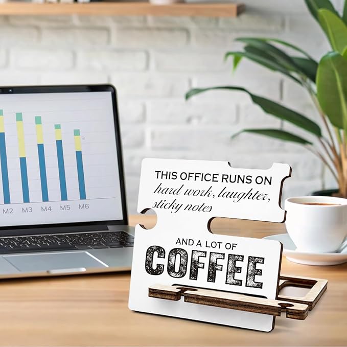 Inspirational Gifts for Coffee Lover - Multi-functional Desk Organizer - Motivational Positive Office Quote Wooden Sign for Office Desk Shelf Decor