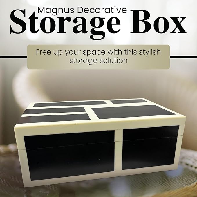 Perilla Home Decorative Wooden Storage Box Black and Off-White (8" l X 5" b X 3" h) Small Keepsake Jewelry Box, Gift Box for Decor Memory Boxs, Modern Art Fabric Storage Bin, Birthday Gift (Magnus)