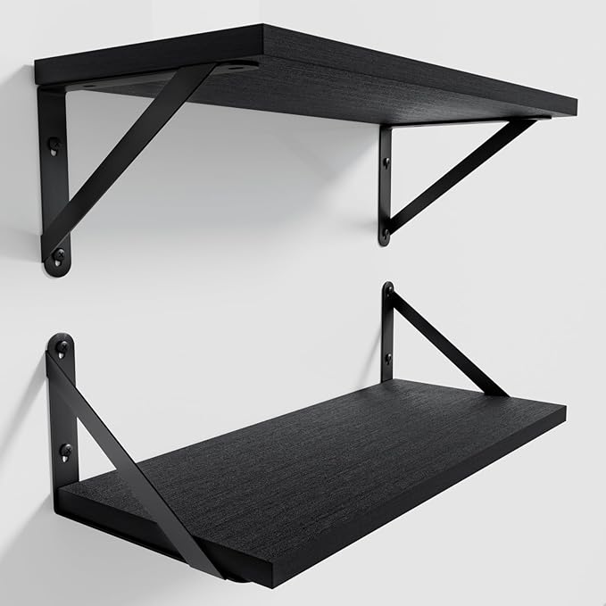 COCOYA Wall Shelves 7.3" Deep Set of 2, Solid Paulownia Wood Wider Longer Sturdy Easy to Install Wall Mounted Bookshelves Storage Shelves Bathroom Home Office Laundry Room Bedroom Organizer Black