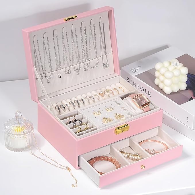 GUOER Jewelry Organizer Box for Women - Large PU Leather Jewelry Organizer Storage Case with Two Layers Display for Earrings Bracelets Rings Watches (Pink)