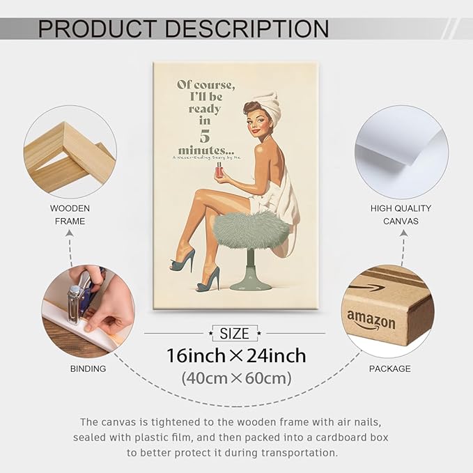 Boho Sage Green Bathroom Poster Vintage 70s Pin Up Girl Wall Art 16X24 inch Framed Of Course I'll Be Ready in 5 Minutes Canvas Prints for Toilet Lavatory Wall Decor