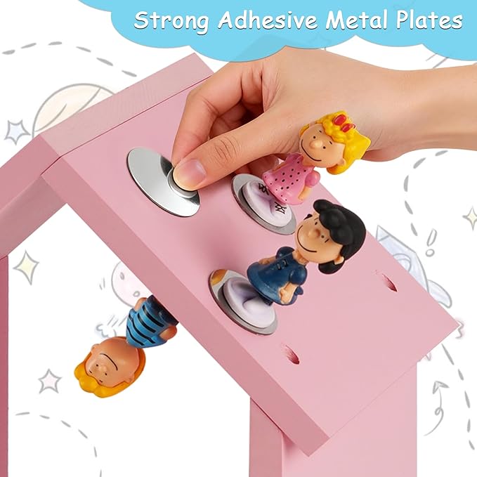 for Tonies Shelf Magnetic - for Tonies Figure Organizer Kids Room, Wooden Display Shelf for Tonies Box Holder, Wall Floating Shelves Toy Storage, House Shape Set of 2 with 38Pcs Metal Plate (Pink)