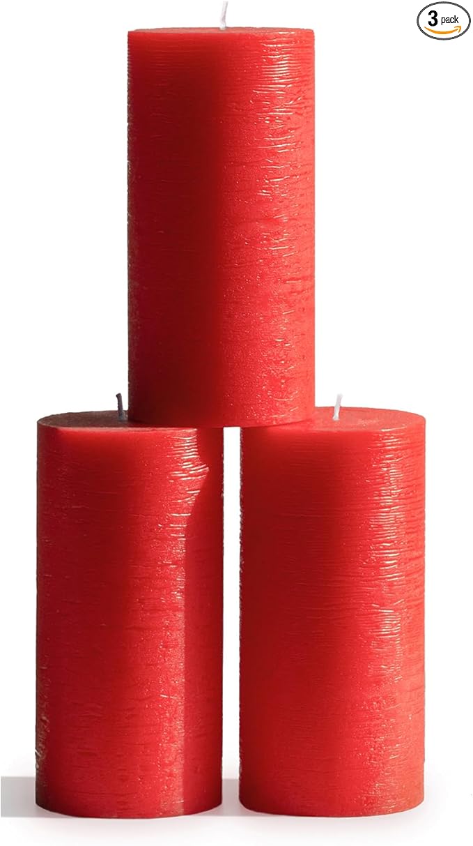 CANDWAX Large Pillar Candles 3x6 Inch – Set of 3 Unscented Dripless Red Candles, Rustic Design for Events, Weddings, Home Styling