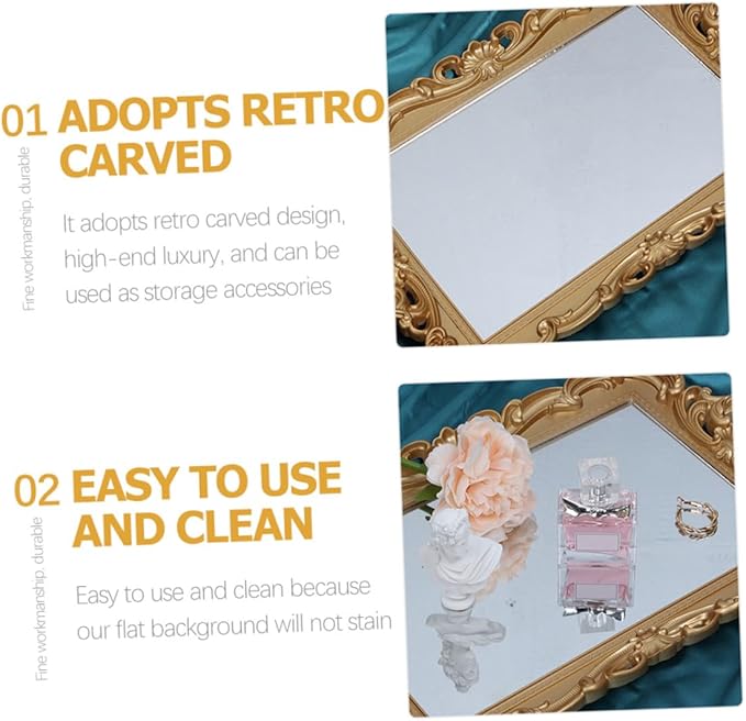 LALAFINA Vintage Mirror Tray Perfume Organizer for Dresser Decorative Makeup Tray with Glass Mirror Surface for Bedroom and Bathroom Décor