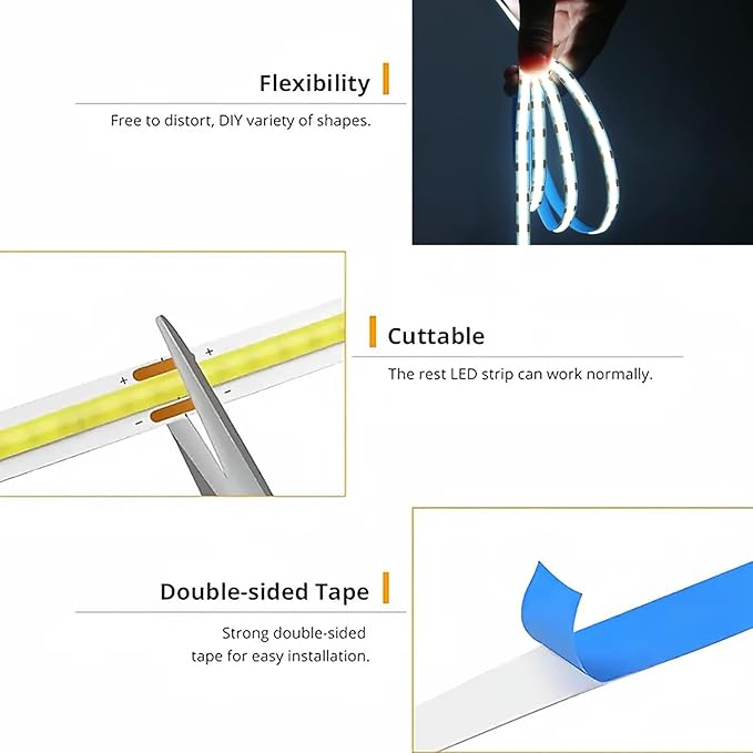 ZSLAIFU 5V LED Strip Lights, White USB LED Light Strip, 6.56FT Dimmable Cob LED Strip Light, High Brightness Short LED Strip for Display Cabinet, Living Room, TV Lights