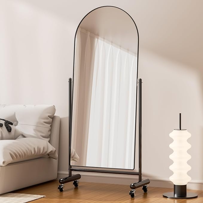 Large Arched Full Length Mirror on Wheels, Rolling Tilting Swivel Floor Mirror 65" x 23.6" with Tempered Glass and Metal Frame, Modern Dressing Mirror Body Mirror, Home Decor, Black