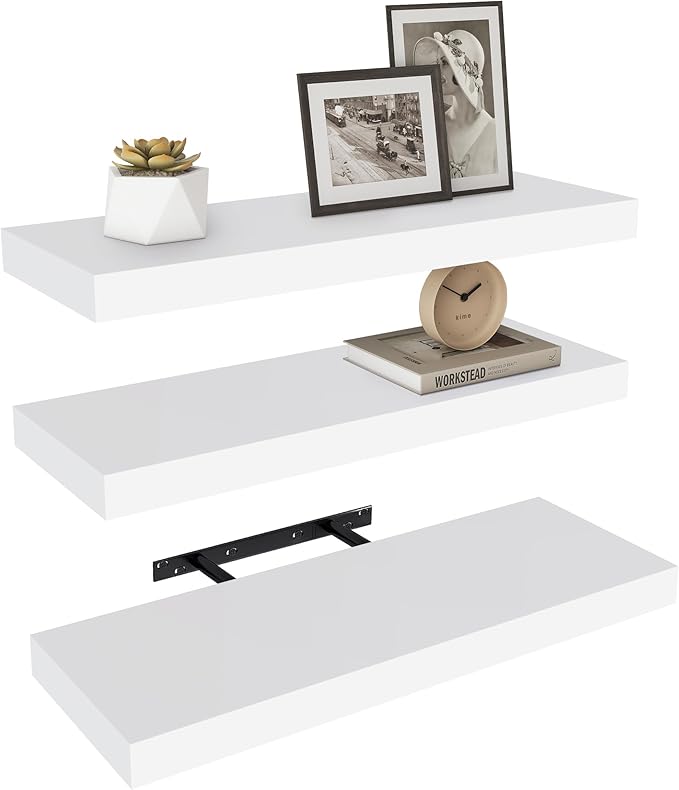 Vervida White Floating Shelves for Wall 24" W x 7.9" D x 1.5" H, Modern Style, for Living Room, Bedroom, Bathroom, Kitchen, Office, Storage, Display, with Invisible Brackets Wall Shelves(3 Pack)