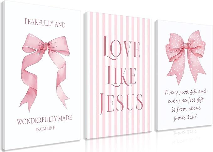 Dytila 3 Piece Pink Bows Wall Art for Girls Room, Bible Verse Pictures Bathroom Decor, Coquette Wall Artwork, Cute Teen Room Decoration, Dorm Decor for College, College Gifts for Girls 16x24 Inch