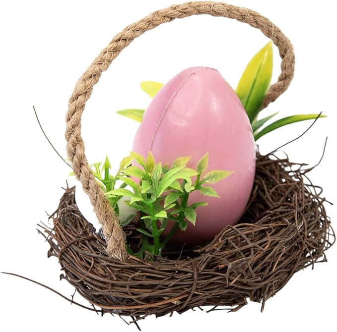 Berfutall-Easter Bunny Basket Decoration with Flowers, Woven Jute Basket with Handle, Spring Decor with Pastel Eggs(3D)