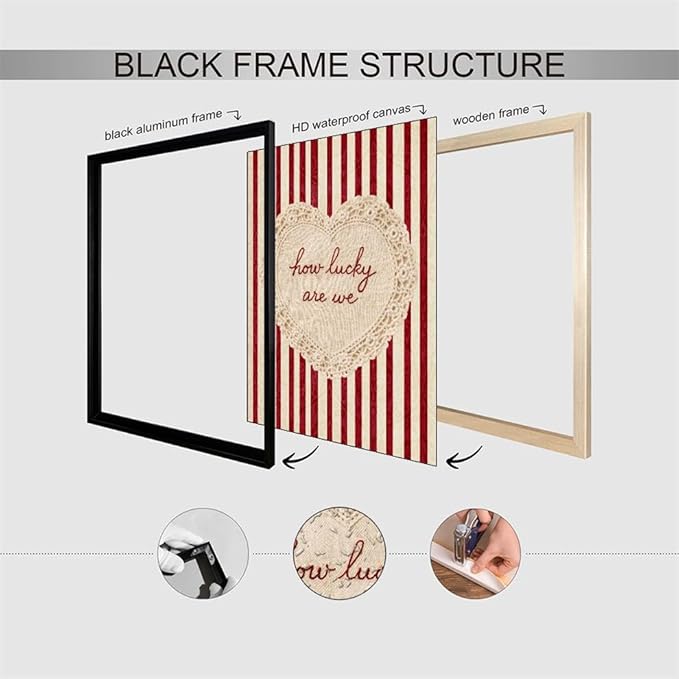 How Lucky Are We Wall Art Red Stripe Affirmation Quotes Poster Coquette Love Lace Heart Canvas Print Fashion Preppy Aesthetic Wall Decor Valentines Day Couple Gift 16X20 inch Aluminum Framed