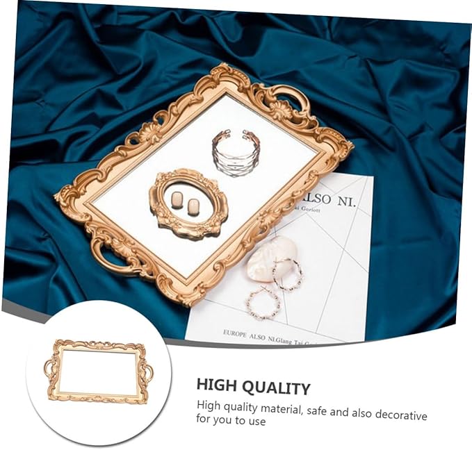 Hemobllo European Mirror Tray Vintage Golden Rectangular Cosmetics Storage Plate Retro Makeup Organizer for Vanity and Home Décor