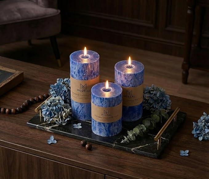 MOZEAL Hand-Poured, Unscented Blue Crystal Pillar Decorative Candles, Elegant Set of 3 in Different Sizes (3"x4", 3"x5", 3"x6"), Luxurious Décor for Homes & Events