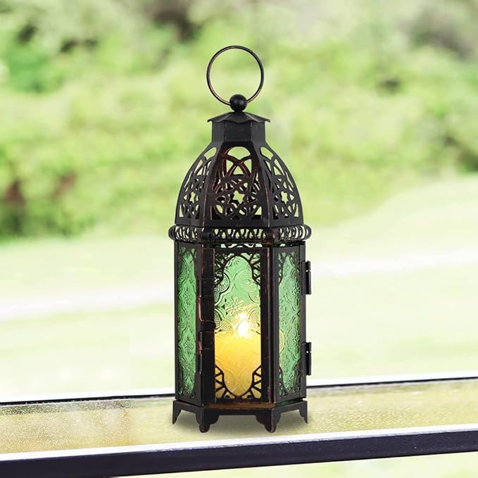 DECORKEY Christmas Decorations for Home, 11’’ Medium Size Vintage Metal Hanging&Tabletop Candle Holder Decor, Halloween Ramadan Decorations for Indoor Outdoor Porch Patio (Green)