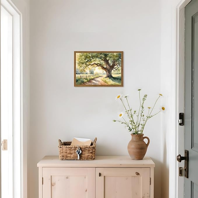Framed Vintage Tree Landscape Wall Art, Watercolor Country Road Nature Wall Decor Paintings, Rustic Countryside Pictures Canvas Prints Aesthetic Home Decor for Living Room Bedroom Bathroom 8x10 inch