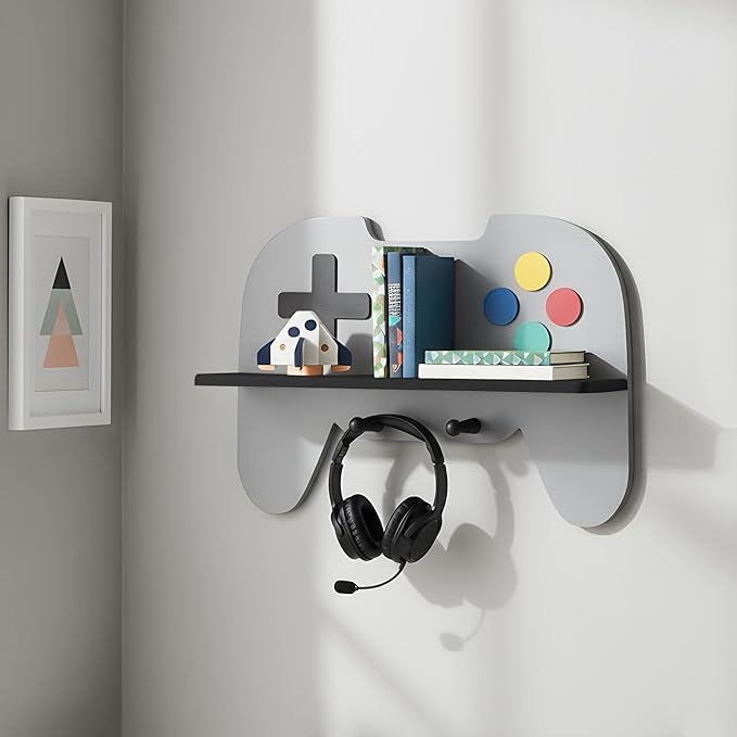 Game Room Decor Gaming Floating Shelf for Wall - Retro Controller Shaped Wooden Display Rack with Hooks for Controllers and Headphones, Gray, Gaming Room Organizer for Boys and Teens
