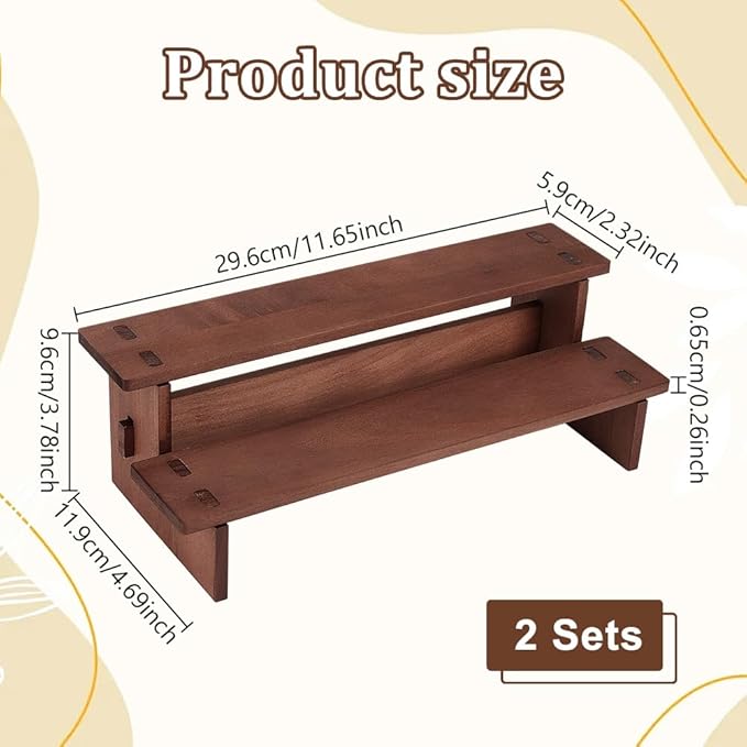 NBEADS 2 Sets 2-Tier Wooden Display Riser Shelf, 11.65x4.69x3.78inch Camel Tabletop Small Food Stand Risers Display Makeup Step Perfume Organizer for Fragrance Cosmetics Figure Collection