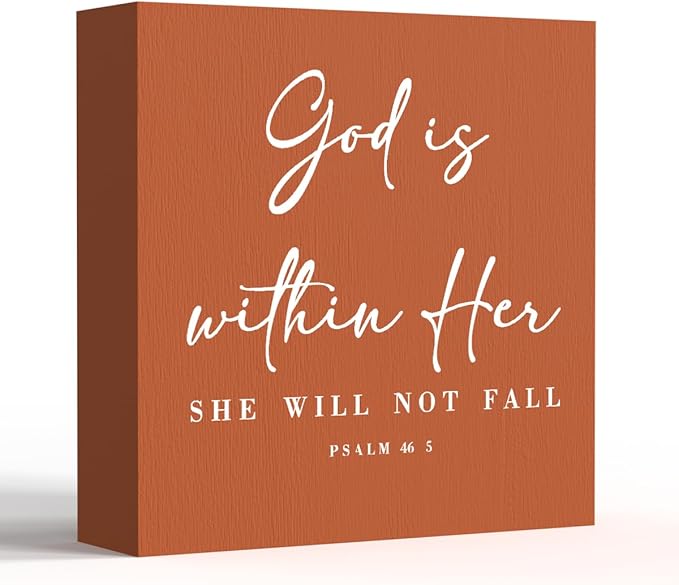 God Is Within Her Bible Verse Artwork Orange Wood Box Sign Rustic Farmhouse Style Psalm 46 : 5 Christian Wood Block Plaque 5 X 5 Inches Home Office Desk Sign Decor for Presents