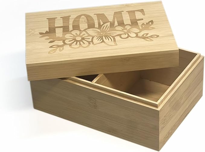 Bamboo Wooden Storage Box with Lid – Natural Wood Organizer with Removable Divider, 8.66 x 5.91 x 3.94 Inches – Decorative Jewelry, Kitchen, Bathroom & Home Organizer