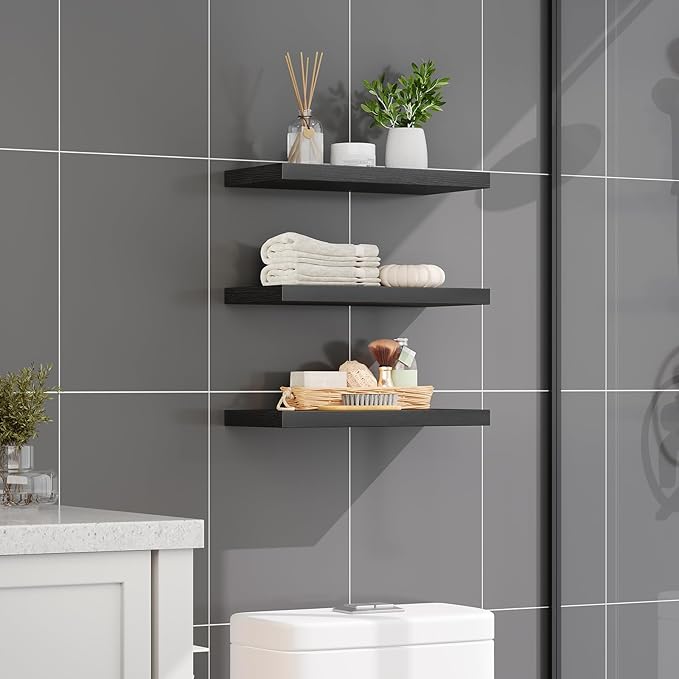 RALGEND Floating Shelves for Wall, 1.5" Thick Wall Shelf Set of 3 with Invisible Brackets, 15.7L x 7.9W Hanging Book Shelves Farmhouse Home Decor for Bathroom, Living Room, Bedroom, Black 4301BJP3BK