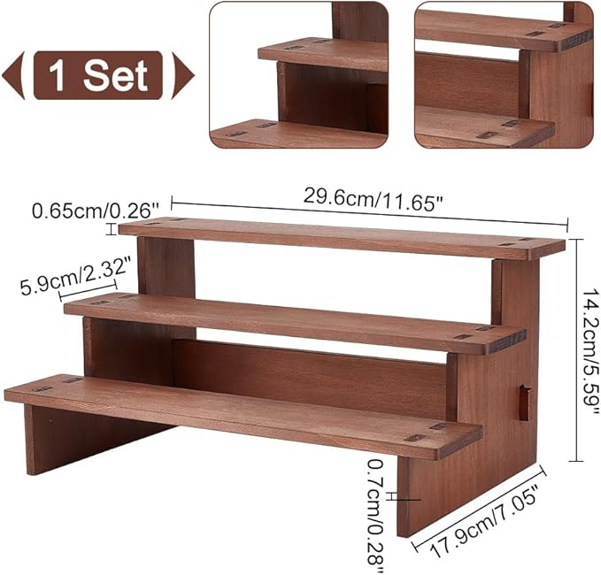 NBEADS 3-Tier Wooden Display Riser Shelf, 7.05x11.65x5.59 Inch Camel Tabletop Small Food Stand Risers Display Makeup Step Perfume Organizer for Fragrance Cosmetics Figure Collection