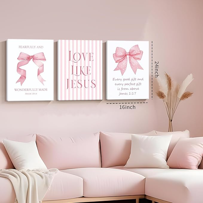 Dytila 3 Piece Pink Bows Wall Art for Girls Room, Bible Verse Pictures Bathroom Decor, Coquette Wall Artwork, Cute Teen Room Decoration, Dorm Decor for College, College Gifts for Girls 16x24 Inch
