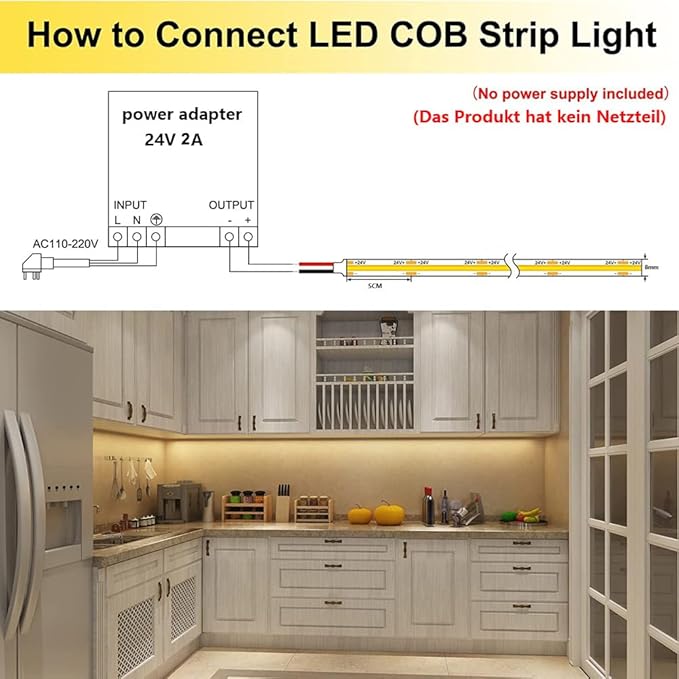TOPAI 24V COB LED Strip Warm White 3000K Outdoor Waterproof 16.4ft Super Bright 4000Lm CRI>90 Self Adhesive Uniform Dotless 480LEDs/M Cuttable Flexible for Home,Office DIY Lighting Project
