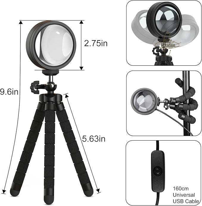 XEBKOR Sunset Lamp Projector,360 Degree Rotation Sun Lamp Led Night Light with USB Port,Sunset Lamp for Room Decor, Photography,Tiktok Live,Christmas Gifts for Women