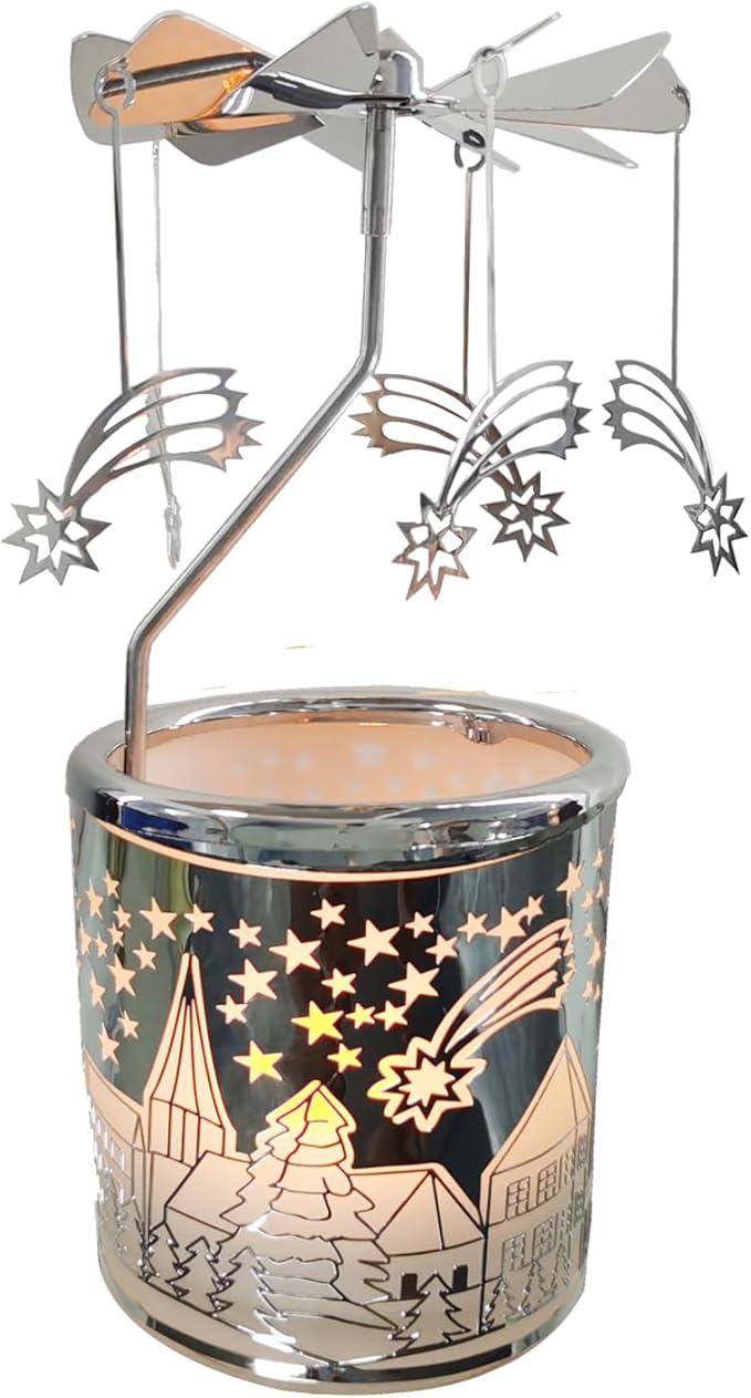 Metal Rotary Candle Holder Spinning Windmill Tea Light Carousel Decor for Home & Gifts (Silver Meteor)