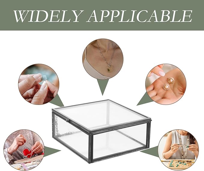 SHINEOFI Jewelry Storage Box with Glass Container and Black Alloy Frame, Perfume and Cosmetic Organizer Case with Lid, Dustproof Desktop Jewelry Holder for Home Use