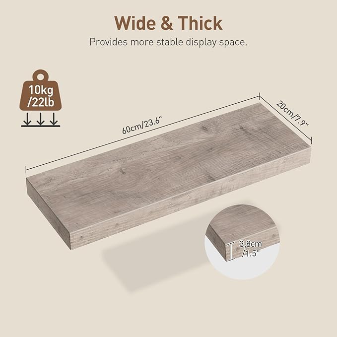 RALGEND Floating Shelves for Wall, 1.5" Thick Wall Shelf Set of 3 with Invisible Brackets, 23.6L x 7.9W Hanging Book Shelves Farmhouse Home Decor for Bathroom, Living Room, Bedroom, Greige 6301BJP3BG