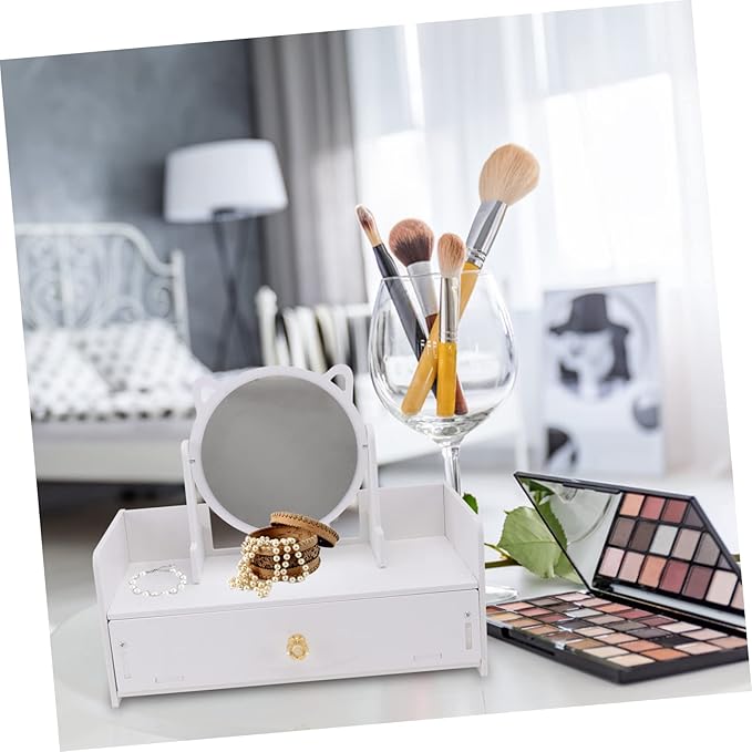 SHERCHPRY 1Pc Rotatable Desktop Makeup Mirror with Storage Drawer Girl Cosmetics Organizer Box for Vanity Countertop Clear Smooth Reflective Surface Material