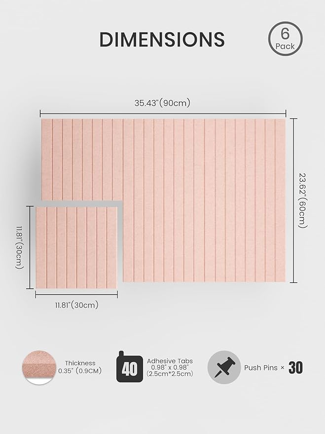 Bumusty Large Cork Board Alternative-36 x 24" Felt Bulletin Board Tiles, with 30 Pushpins, 40 Adhesive Tabs, Fine-Stripe 6-Pack, Cork Boards for Office Push Pin Board Felt Board-Pink