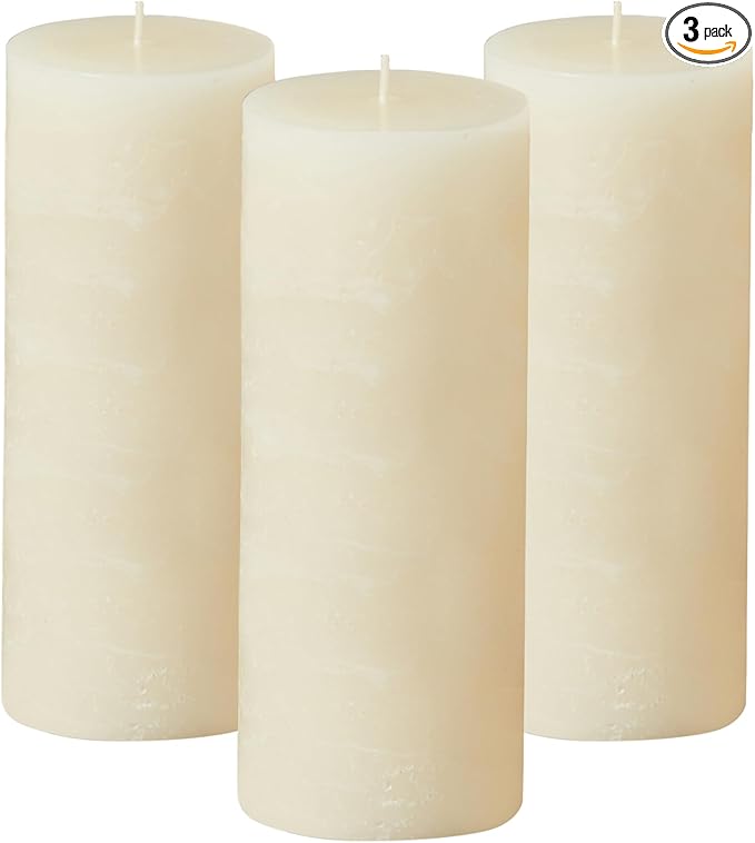 Simply Soson 3x8 inch Ivory Pillar Candles Set of 3, Rustic Texture, Unscented Ivory Candles, Dripless Candles, 3 inch Pillar Candles Ideal as Wedding, Parties, Spas, Dinner, Home Decoration, Church