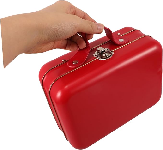 ULTECHNOVO Mini Suitcase Storage Box Compact Iron Handheld Container for Toys Makeup and Jewelry for Travel Boys and Girls and Home Organization Red