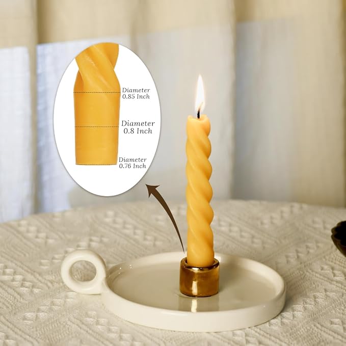 Beeswax Taper Candles Set of 10, Spiral Taper Candle Dripless Short Candle Sticks for Dinner Wedding Party Christmas Home Decorations - 7 Inch Tall - Yellow