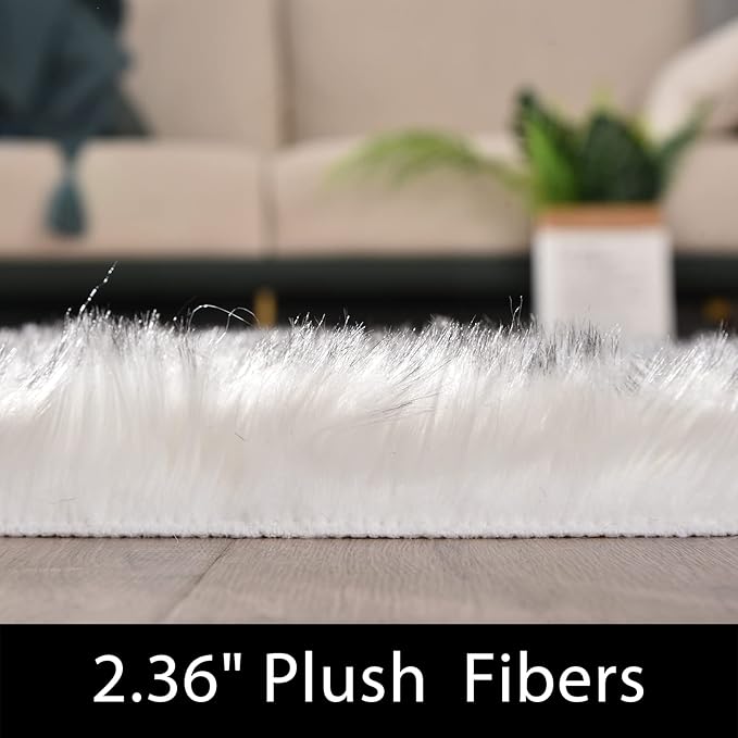Latepis White and Grey Tips Faux Fur 4'x5'10" Area Rug, Soft Plush Faux Fur Sheepskin Rugs for Living Room, Washable Fluffy Rug for Living Room, Luxury Room Decor, Rectangle