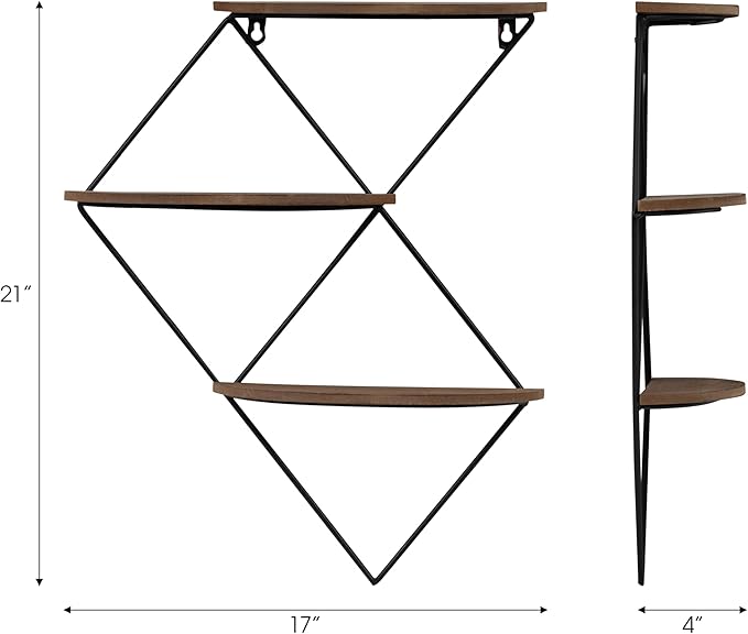Diamond Wall Mounted Shelf with Wood and Metal Frame for Home Decor - 3 Tier Hanging Storage Organizer for Books - Wall Organizer for Living Room, Bedroom, Office or Entryway - 21", Brown & Black