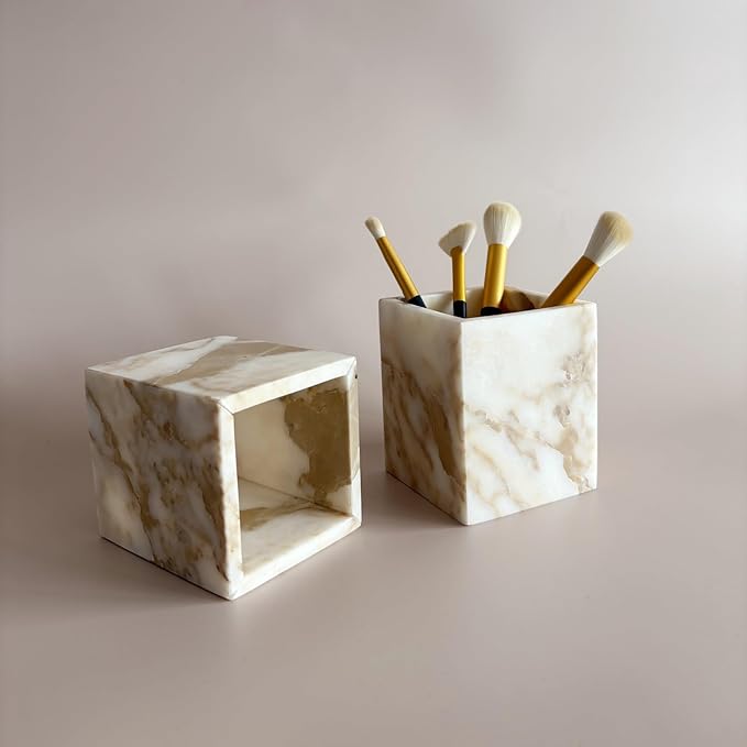 Natural Marble Stone Square Storage Container Empty Vessel Holder Cup for Candle/Pens/Sundries items (Gold)