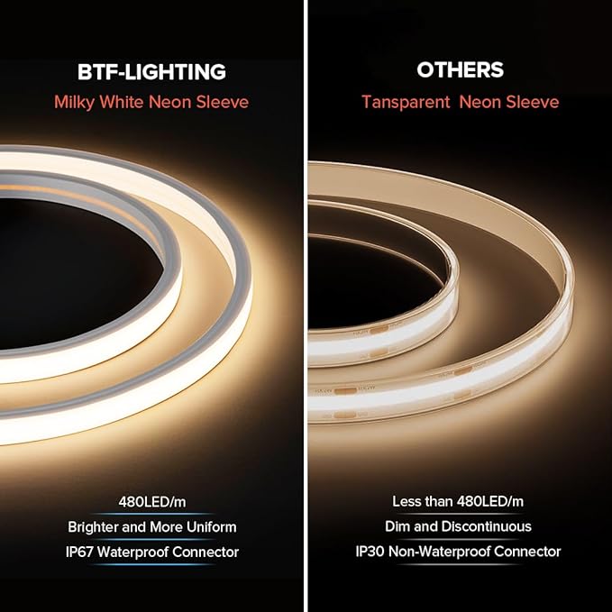 BTF-LIGHTING FCOB COB LED Strip IP67 Waterproof Flexible High Density Uniform Diffused Neon Light 16.4FT DC12V Warm White 3000K 480LED/m CRI 90+ for Indoor Decor(No Adapter or Controller)