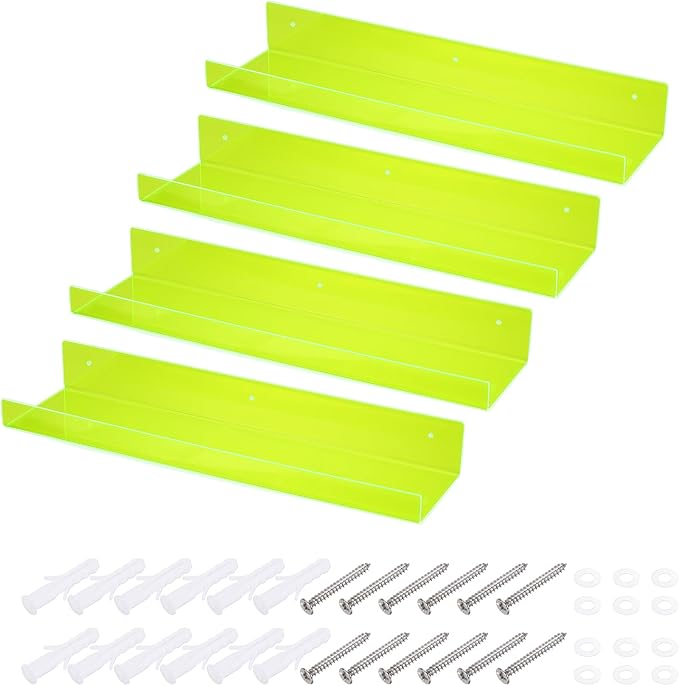 MECCANIXITY 4 Pack Acrylic Shelves for Wall, 15 Inch Fluorescent Green Floating Shelves Wall Mount Display Shelf for Bathroom, Bedroom, Living Room, Room Decor