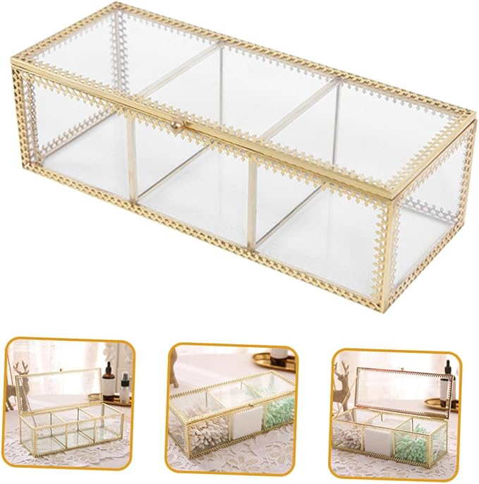 Jewelry Box with Glass Lid and Metal Frame Vanity Organizer for Makeup Rings Earrings Necklaces Bracelets Watches and Small Accessories Dustproof Storage for Bathroom Desk