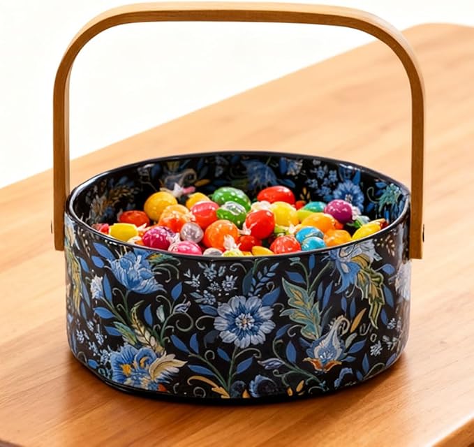 Ceramic Key Bowl with Wooden Handle Decorative Bowl Flower Basket Kitchen & Dining Table Office Room Decor(Black)