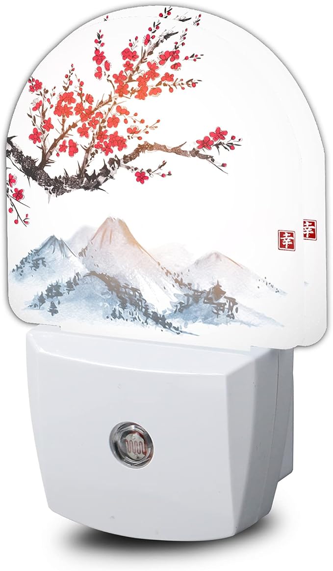 Cherry Blossoms Night Light,Japanese Mountains Night Lights Plug into Wall Decor for Stairway/Hallway/Kitchen,Dusk to Dawn Sensor Nightlights for Boys/Girls/Women/Men Room Gifts